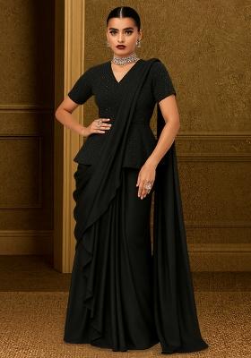 Black Georgette Sequin Blouse Pre Draped Saree Set
