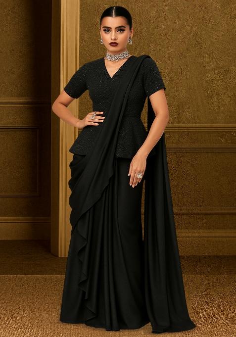 Black Georgette Sequin Blouse Pre Draped Saree Set