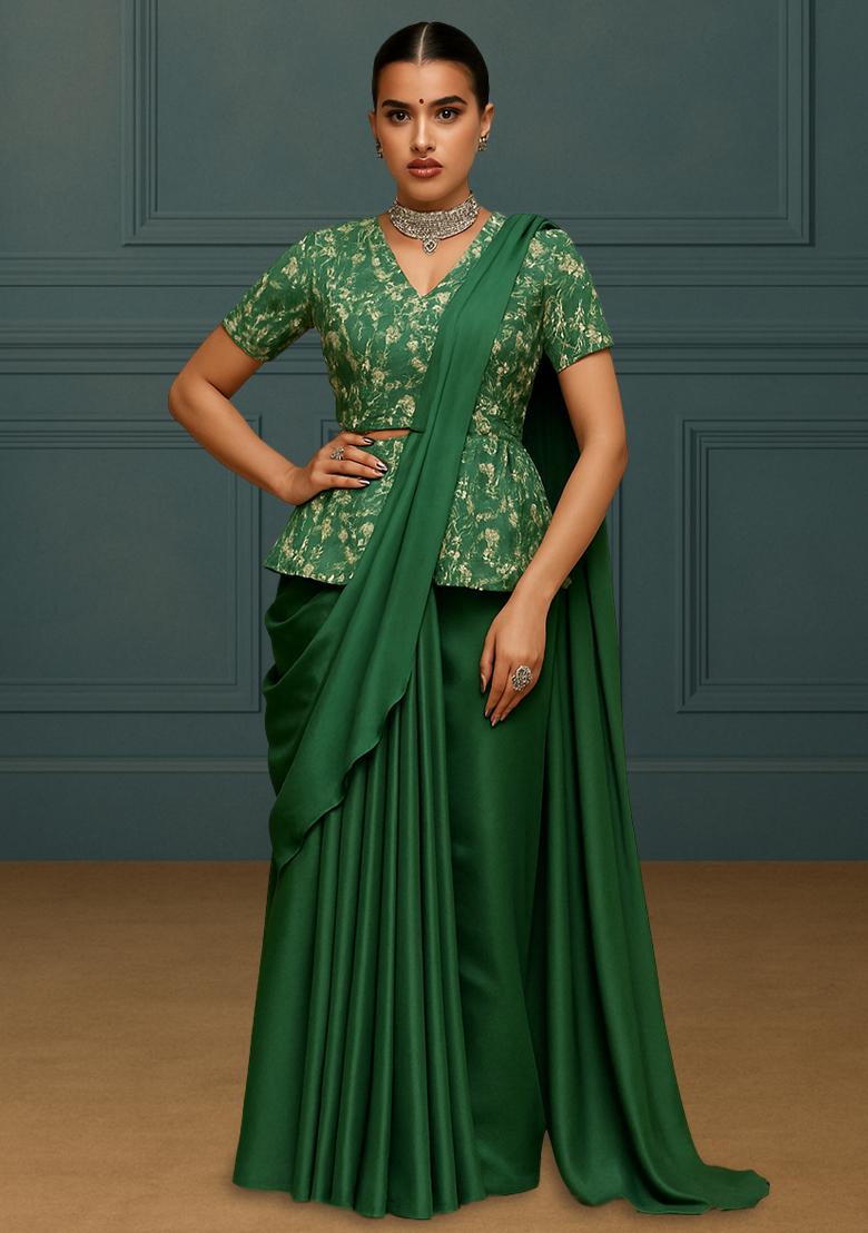Green Georgette Sequin Embroidered Blouse Pre Draped Saree Set