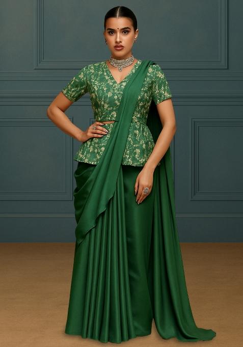 Green Georgette Sequin Embroidered Blouse Pre Draped Saree Set