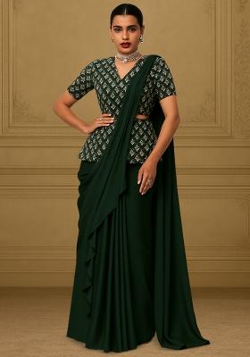 Dark Green Georgette Sequin Embroidered Blouse Pre Draped Saree Set