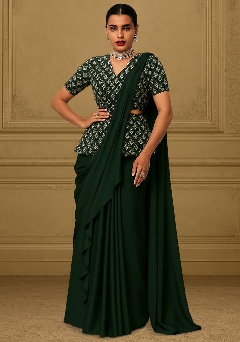 Dark Green Georgette Sequin Embroidered Blouse Pre Draped Saree Set