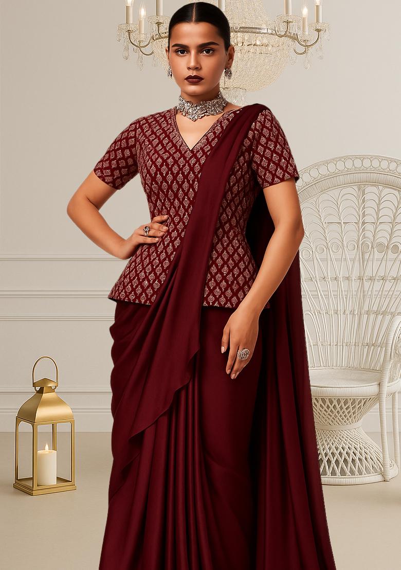 Maroon Georgette Sequin Embroidered Blouse Pre Draped Saree Set