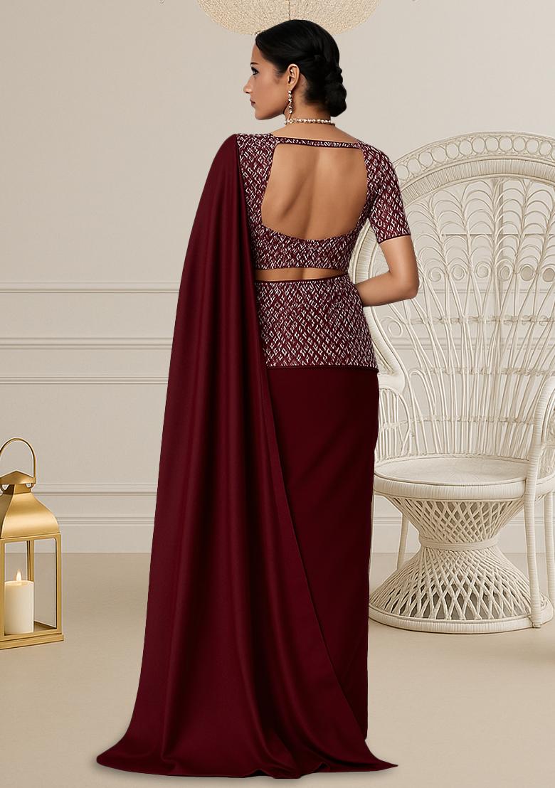 Maroon Georgette Sequin Embroidered Blouse Pre Draped Saree Set