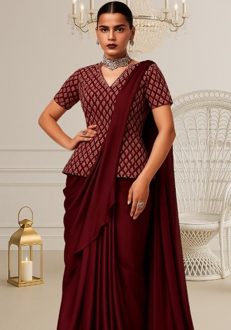 Maroon Georgette Sequin Embroidered Blouse Pre Draped Saree Set