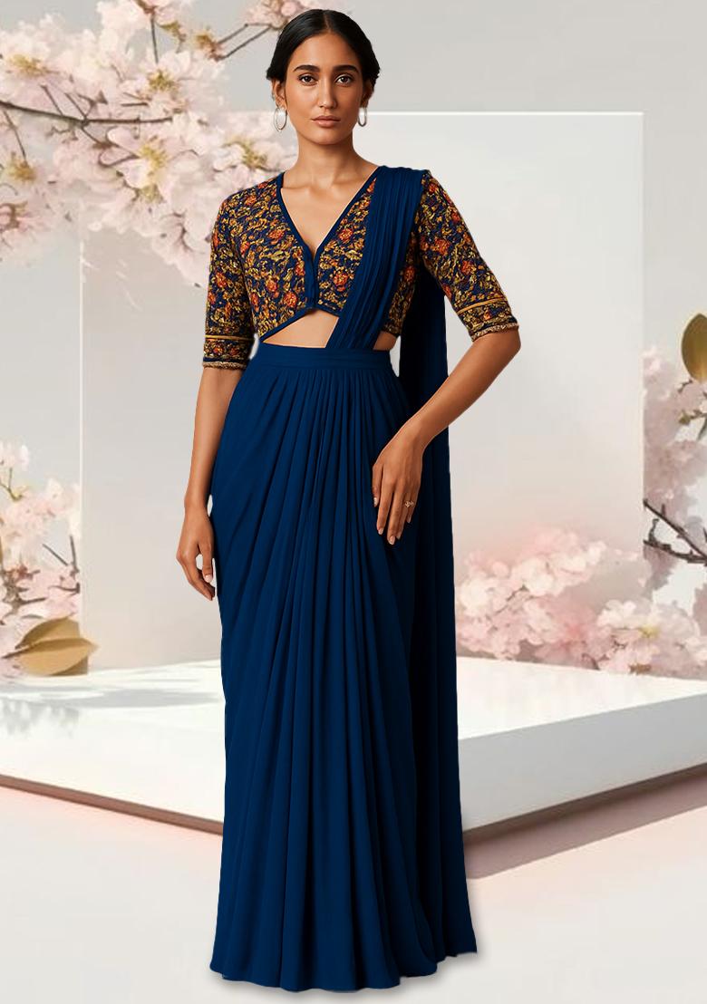 Blue Embroidered Blouse Georgette Pre Draped Saree Set