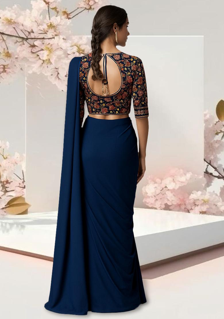 Blue Embroidered Blouse Georgette Pre Draped Saree Set