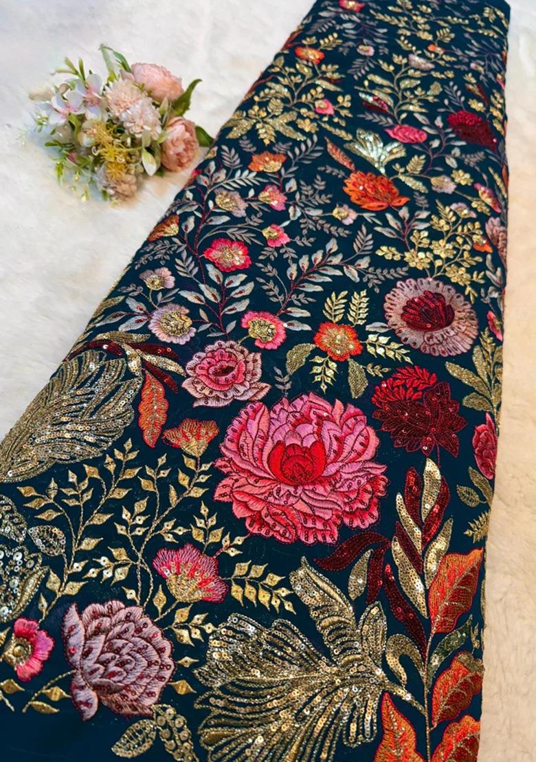 Blue Embroidered Blouse Georgette Pre Draped Saree Set