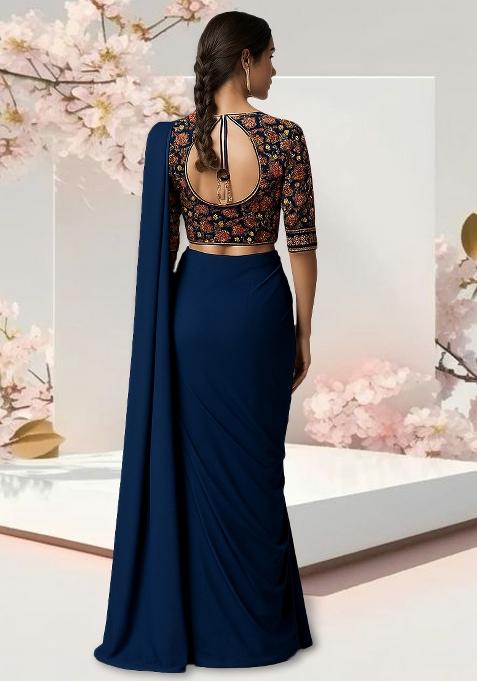 Blue Embroidered Blouse Georgette Pre Draped Saree Set