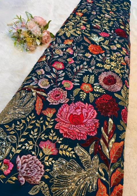 Blue Embroidered Blouse Georgette Pre Draped Saree Set