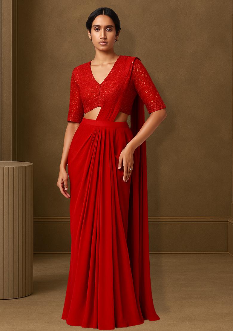 Red Sequin Blouse Georgette Pre Draped Saree Set