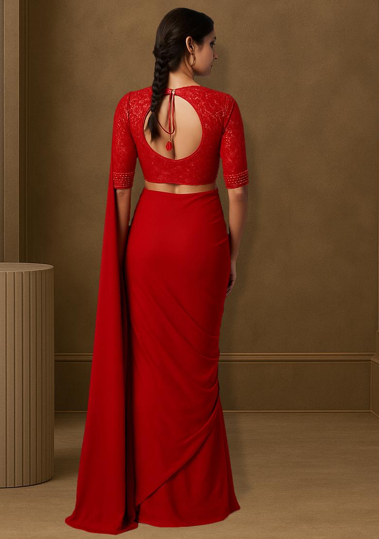 Red Sequin Blouse Georgette Pre Draped Saree Set