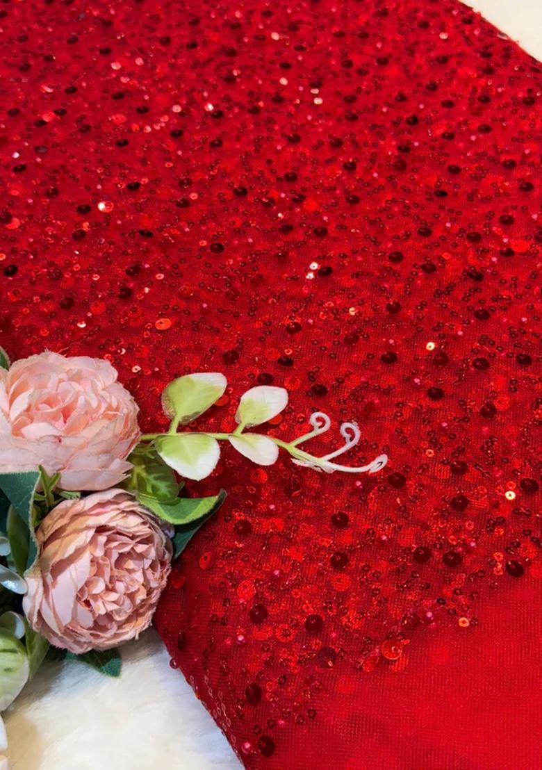 Red Sequin Blouse Georgette Pre Draped Saree Set