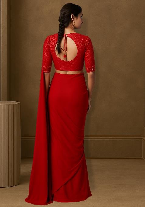 Red Sequin Blouse Georgette Pre Draped Saree Set