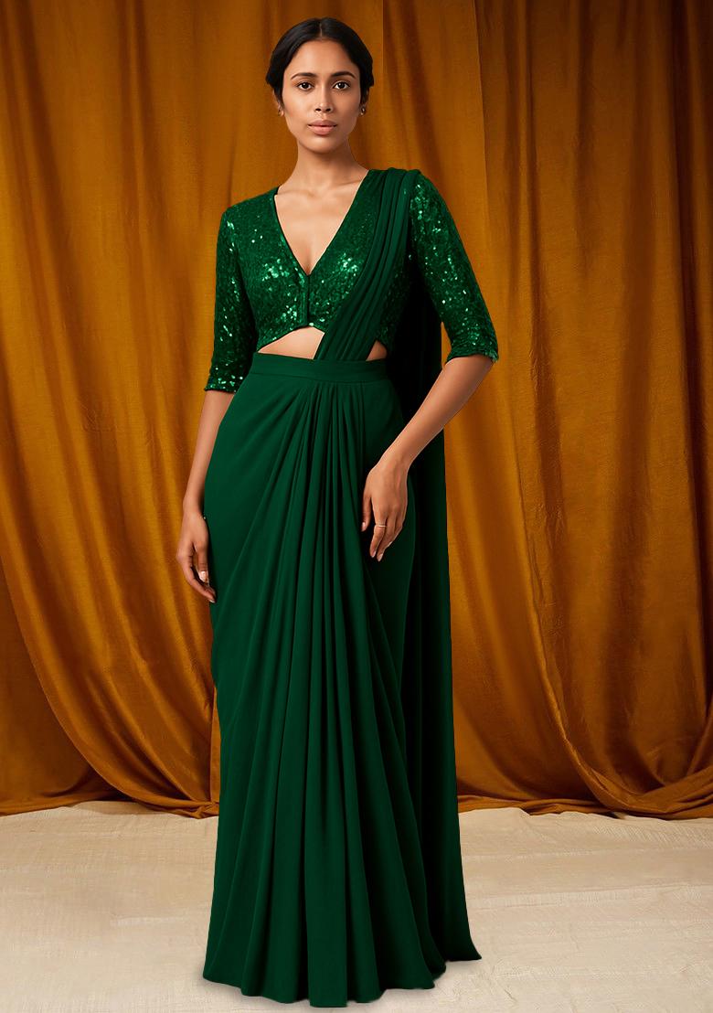 Bottle Green Embellished Blouse Georgette Pre Draped Saree Set