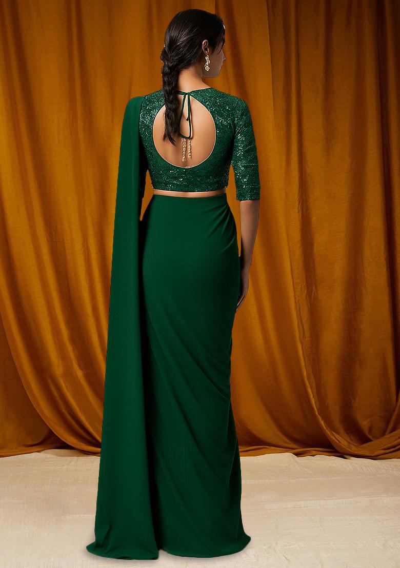 Bottle Green Embellished Blouse Georgette Pre Draped Saree Set - Indya