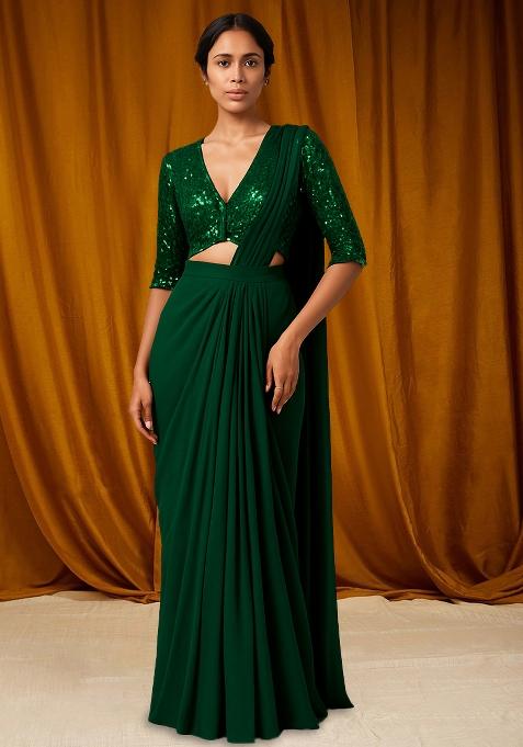 Bottle Green Embellished Blouse Georgette Pre Draped Saree Set