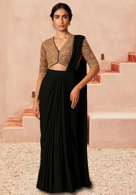 Black Embellished Blouse Georgette Pre Draped Saree Set