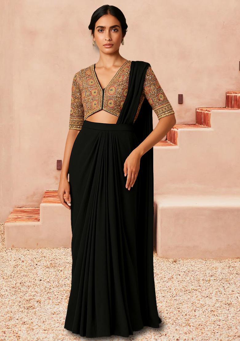 Black Embellished Blouse Georgette Pre Draped Saree Set