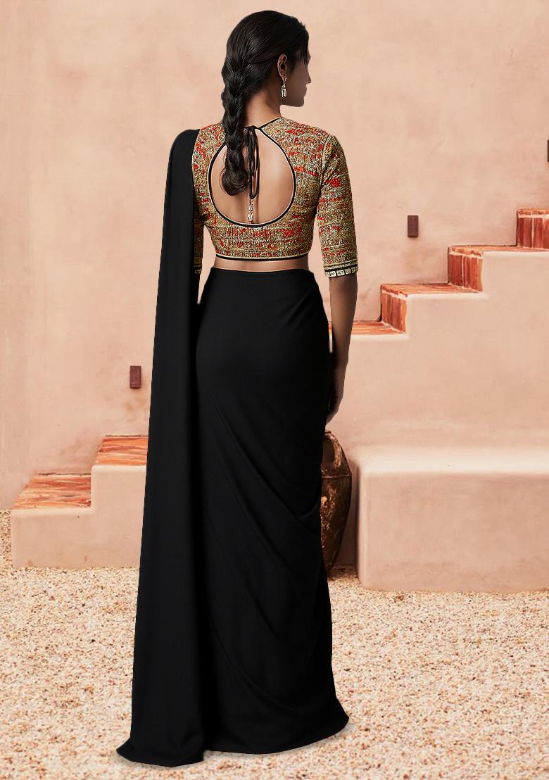 Black Embellished Blouse Georgette Pre Draped Saree Set