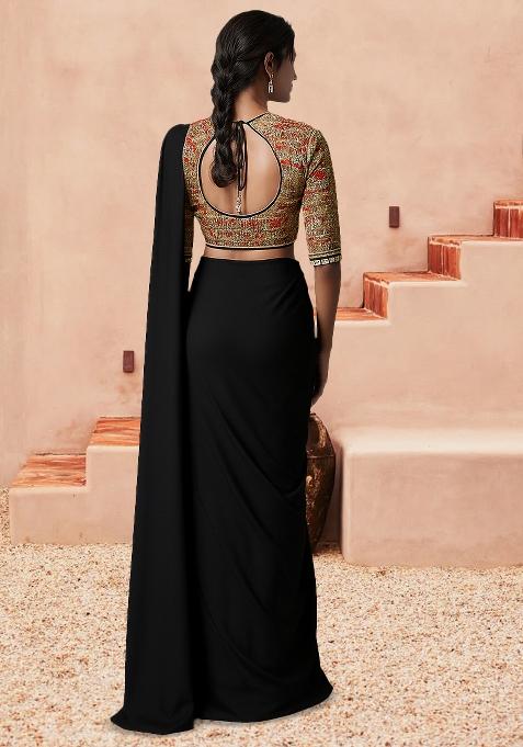 Black Embellished Blouse Georgette Pre Draped Saree Set