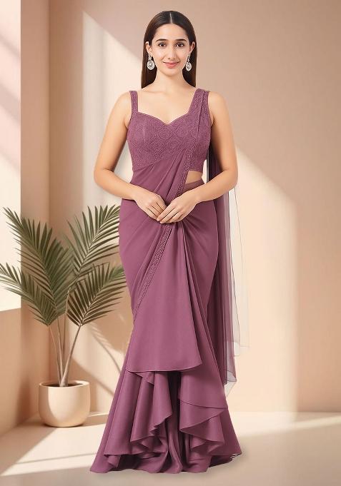 Purple Satin Embroidered Pre Draped Saree Set