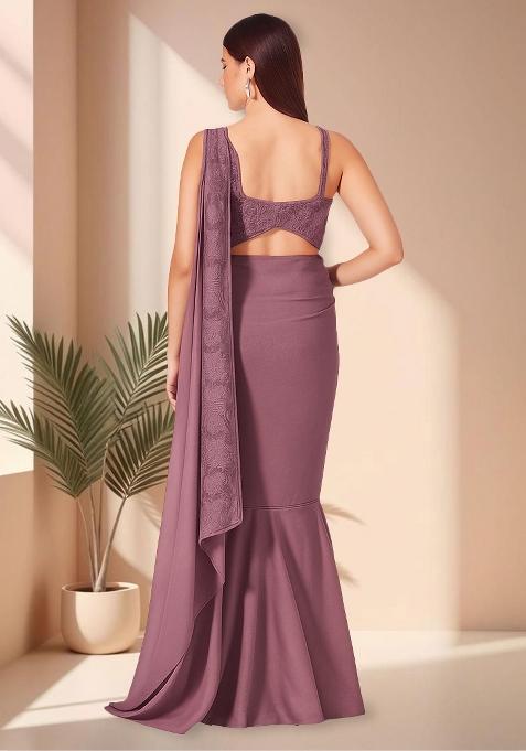 Purple Satin Embroidered Pre Draped Saree Set