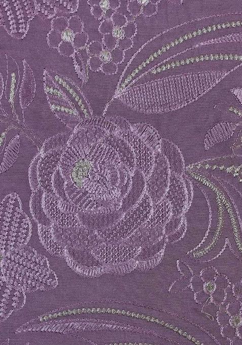 Purple Satin Embroidered Pre Draped Saree Set