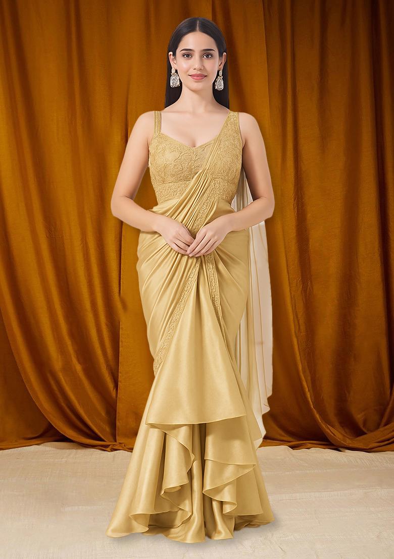 Cream Satin Embroidered Pre Draped Saree Set