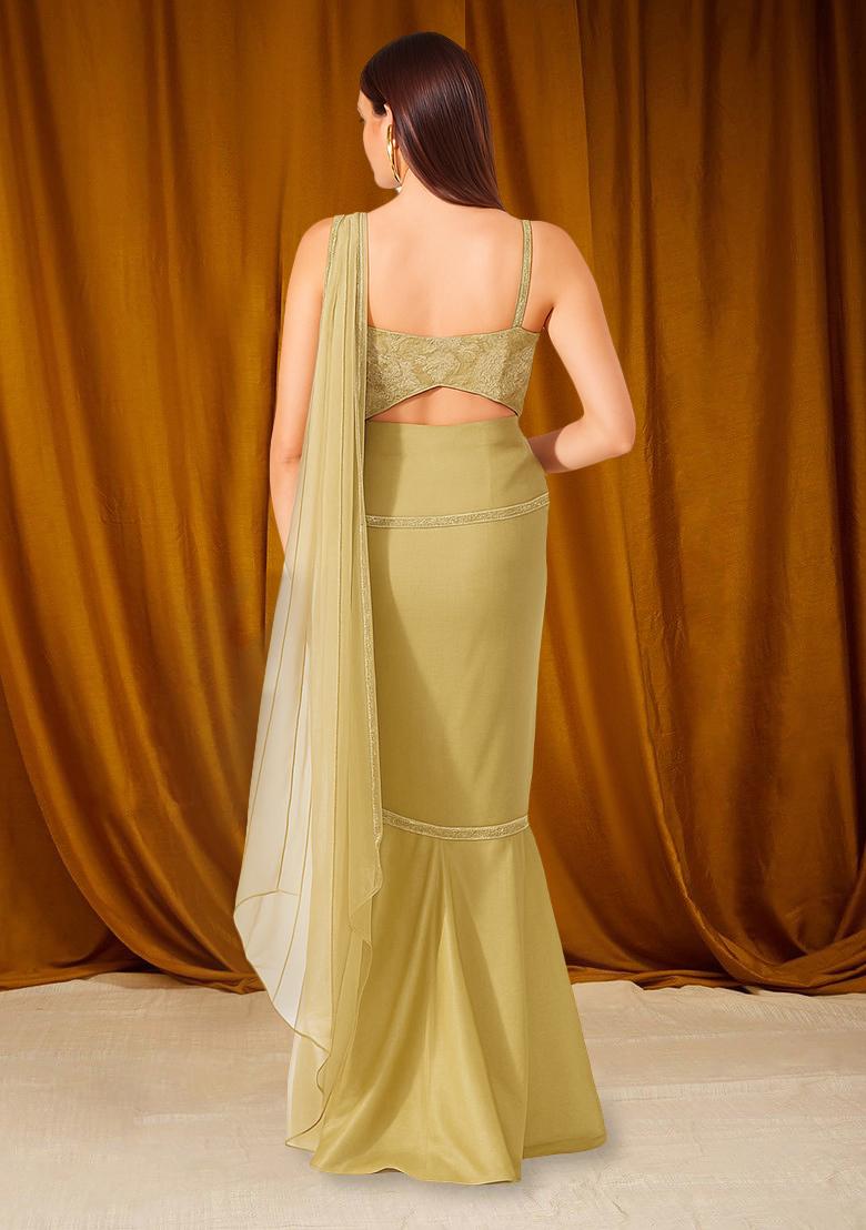 Cream Satin Embroidered Pre Draped Saree Set