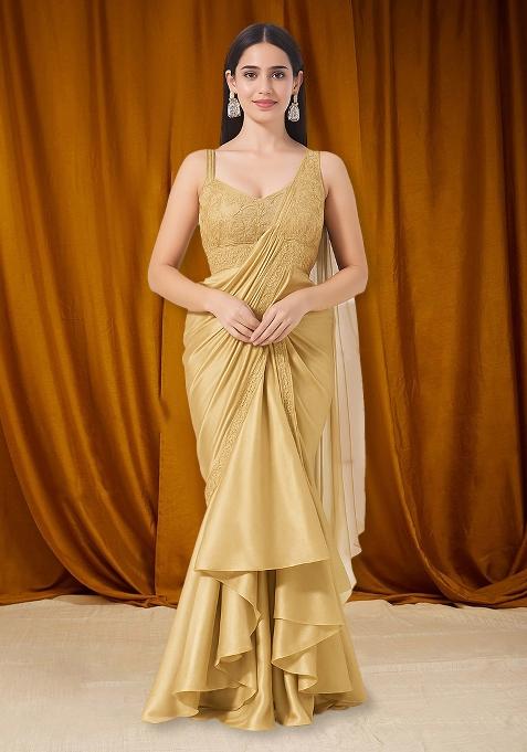 Cream Satin Embroidered Pre Draped Saree Set
