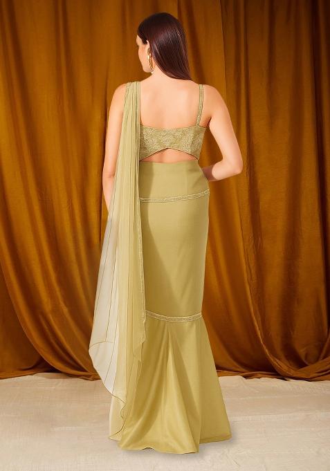 Cream Satin Embroidered Pre Draped Saree Set