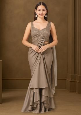 Brown Satin Embroidered Pre Draped Saree Set