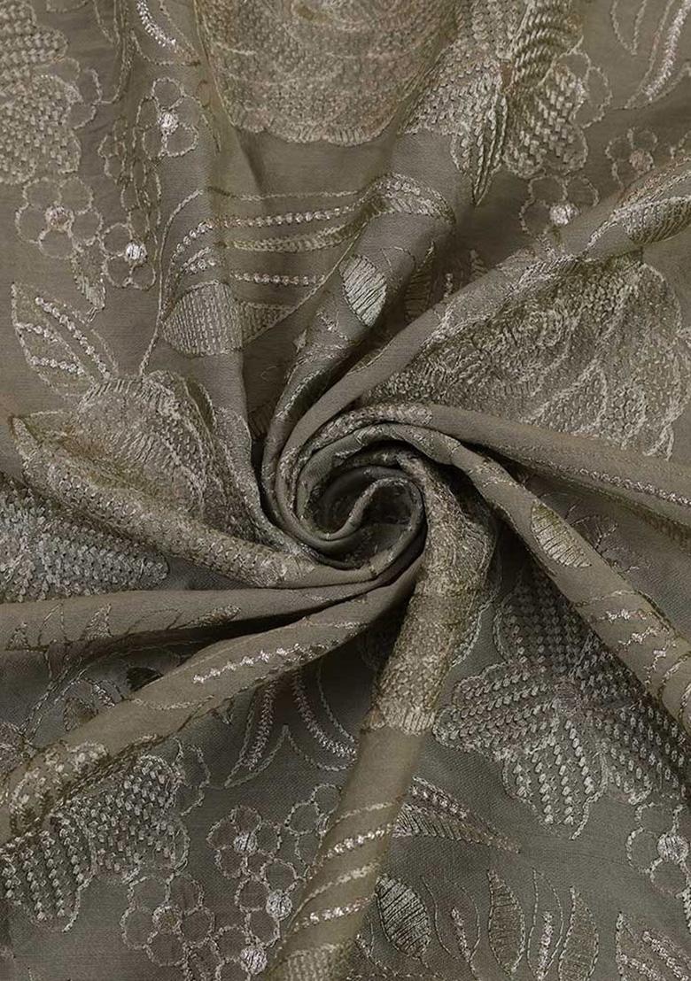 Brown Satin Embroidered Pre Draped Saree Set