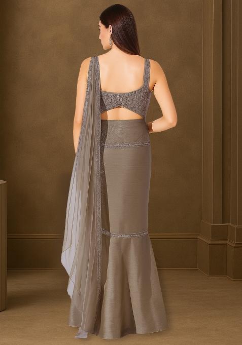 Brown Satin Embroidered Pre Draped Saree Set