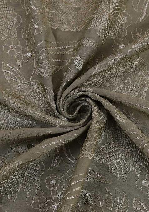 Brown Satin Embroidered Pre Draped Saree Set