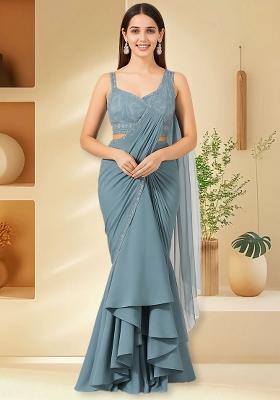 Sky Blue Satin Embroidered Pre Draped Saree Set