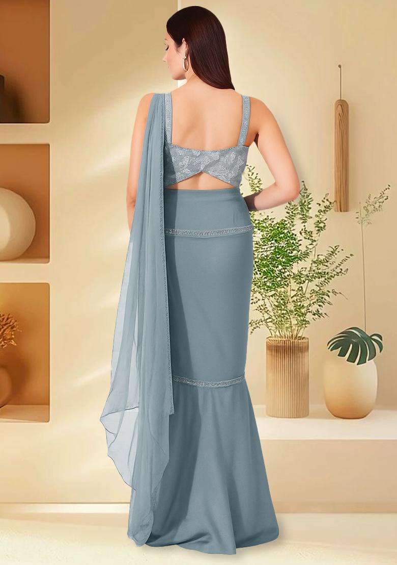 Sky Blue Satin Embroidered Pre Draped Saree Set - Indya