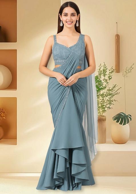 Sky Blue Satin Embroidered Pre Draped Saree Set
