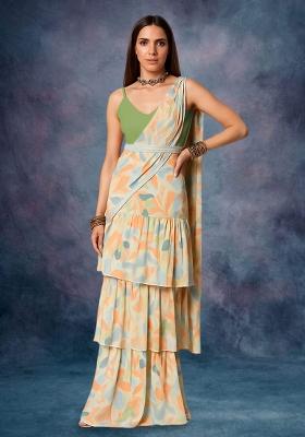 Peach Chinon Abstract Printed Pre Draped Saree Set