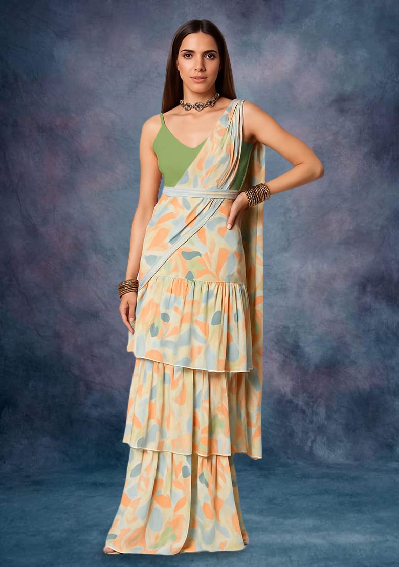 Peach Chinon Abstract Printed Pre Draped Saree Set