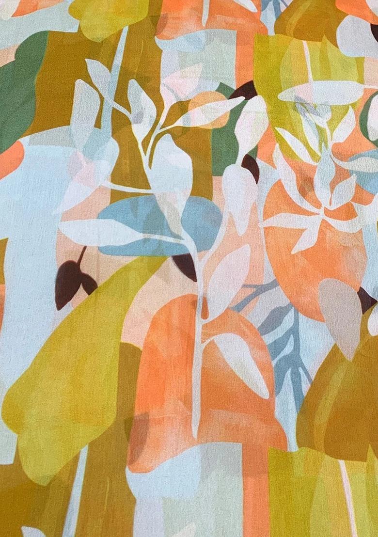 Peach Chinon Abstract Printed Pre Draped Saree Set - Indya