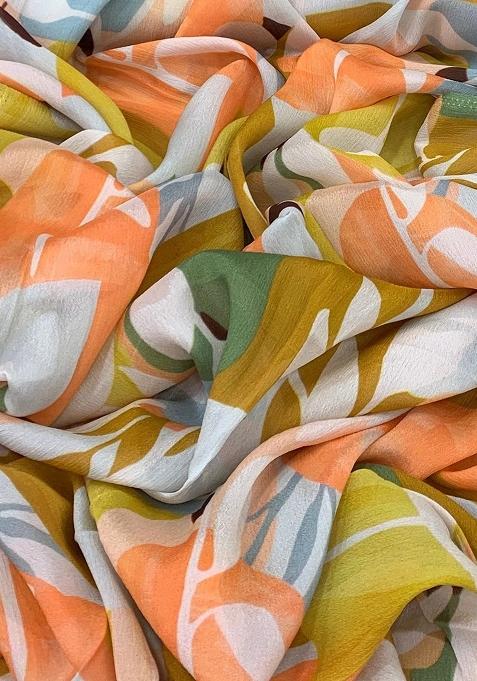 Peach Chinon Abstract Printed Pre Draped Saree Set