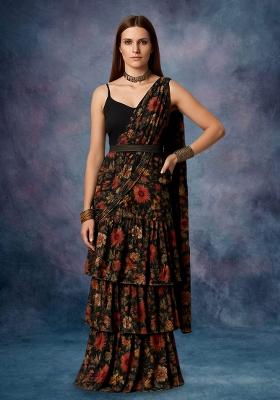 Black Chinon Floral Printed Pre Draped Saree Set