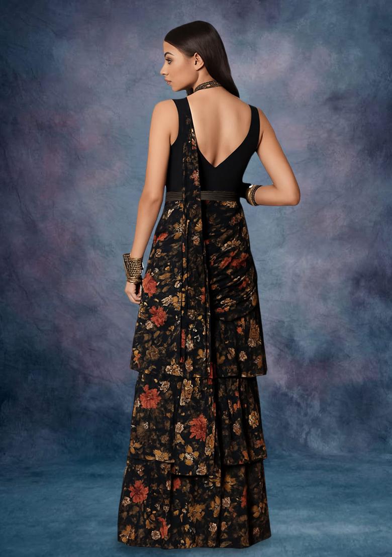 Black Chinon Floral Printed Pre Draped Saree Set - Indya