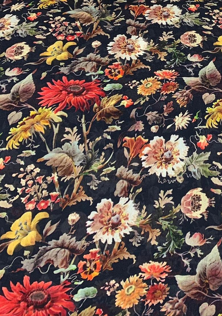 Black Chinon Floral Printed Pre Draped Saree Set - Indya