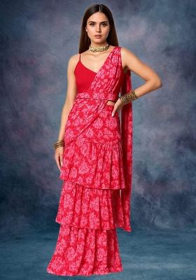 Red Chiffon Floral Printed Pre Draped Saree Set