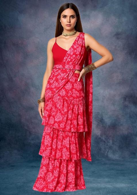 Red Chiffon Floral Printed Pre Draped Saree Set