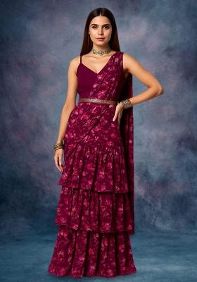 Wine Chiffon Floral Printed Pre Draped Saree Set