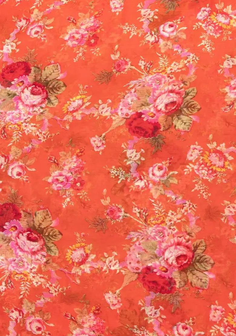 Orange Chiffon Floral Printed Pre Draped Saree Set - Indya